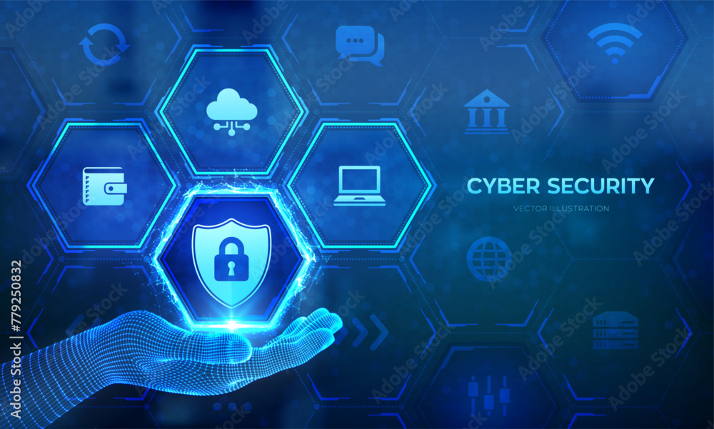 Poster cyber security. data protection technology concept on virtual screen. shield protect icon in wirefra