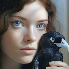 Fototapeta premium portrait of a woman with a crow, ai generated.