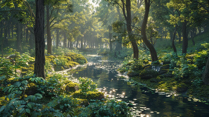 A tranquil stream winding through a lush forest, with sunlight dappling the water's surface. - Powered by Adobe