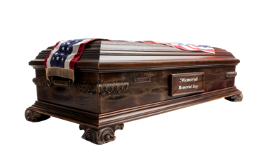 Memorial Day Reflection Flag Draped Casket Isolated on Transparent Background PNG.