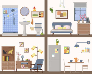 Detailed plan of the apartment inside. Furnished rooms. Living room with armchair, bedroom and kitchen, bathroom with shower. Household items. Furniture icons with fittings. Flat vector illustration.