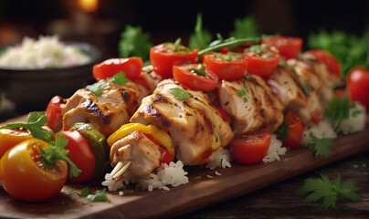 Chicken kebab on a wooden skewer, in a plate with rice and tomatoes - obrazy, fototapety, plakaty