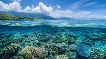 Underwater landscape with clear blue sky.