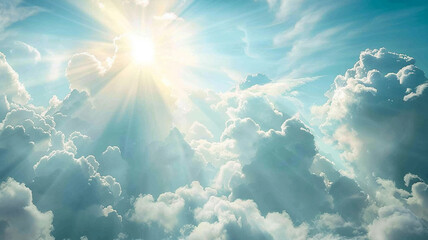 The sun peeking out from behind fluffy white clouds, casting rays of light across the sky. - obrazy, fototapety, plakaty