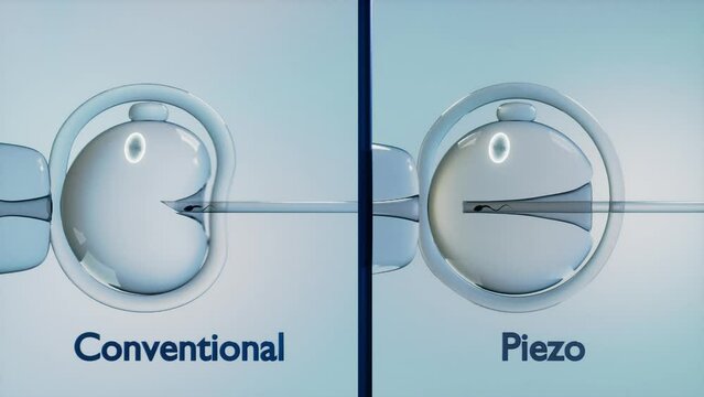 3D animation of Conventional-ICSI (left) and Piezo-ICSI (right). In vitro fertilization. Sperm injection. 