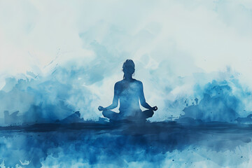A hand-drawn digital watercolour paint sketch of a calm figure meditating on a calming blue gradient background, representing emotional tranquility during mental health awareness month. - obrazy, fototapety, plakaty