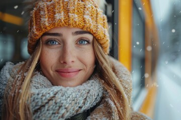A striking close-up of a young woman wearing a beanie dusted with snowflakes, her eyes conveying gentle warmth