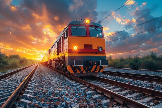 A vivid image of a cargo train moving along the tracks under a stunning orange sunset sky, highlighting the beauty of industrial transport