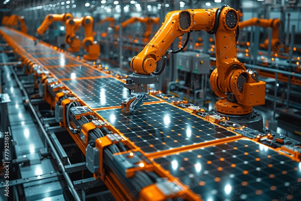 Poster multiple robotic arms engaged in the meticulous assembling of solar panels on an advanced production