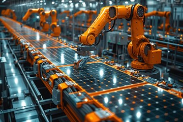 Multiple robotic arms engaged in the meticulous assembling of solar panels on an advanced production line