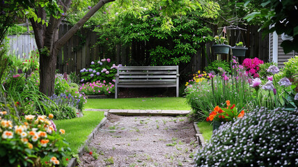 A tranquil garden filled with blooming flowers and a quaint bench.