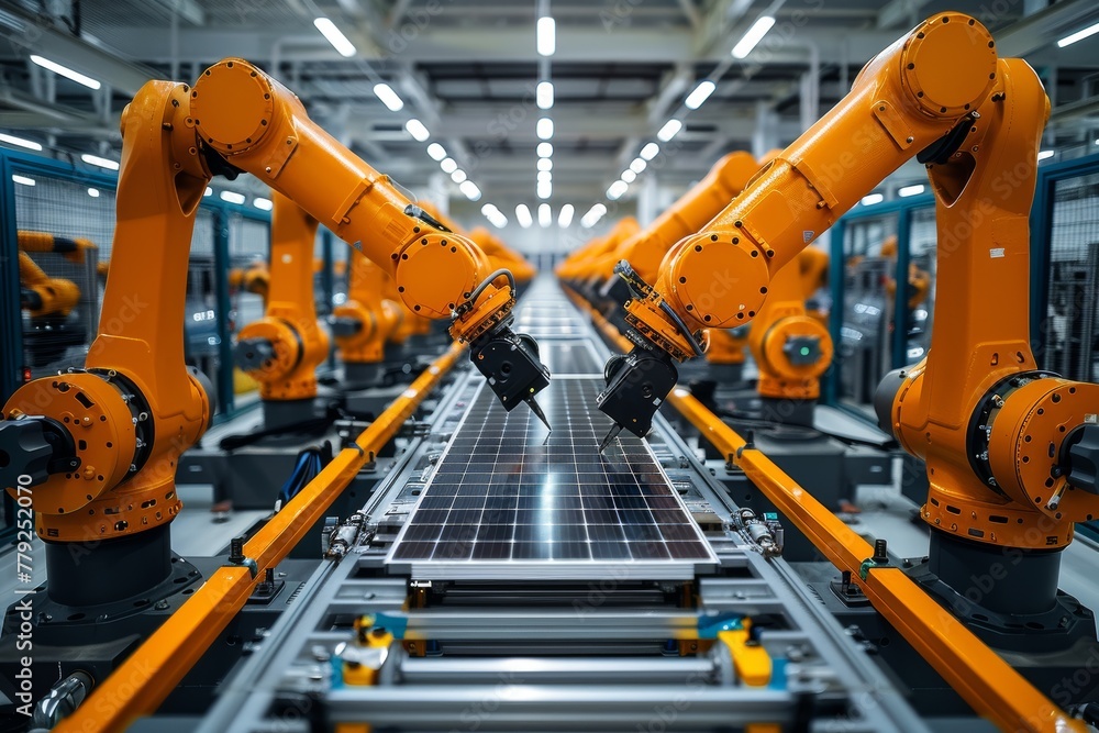 Poster close-up of several powerful industrial robots working synchronously on a solar panel assembly line