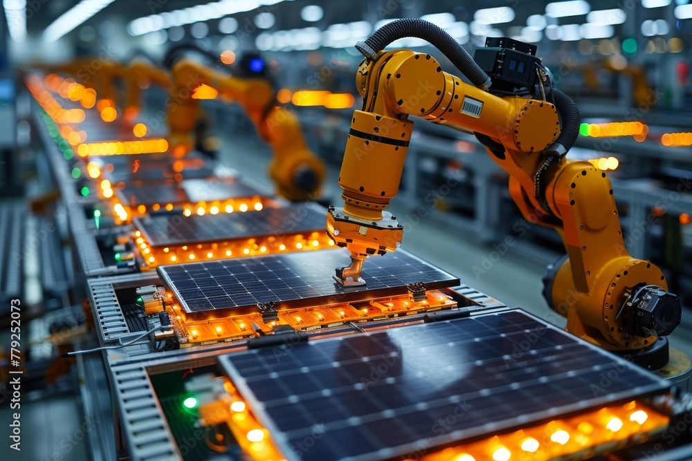 Poster image of an industrial robot arm assembling and installing solar panels in an automated production l
