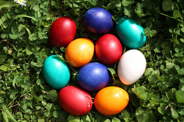 Closeup of colorful eggs in beautiful spring meadow on easter holiday outdoors in green graas.Traditional symbol for christian and catholic holiday