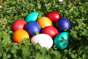 Fototapeta na wymiar Closeup of colorful eggs in beautiful spring meadow on easter holiday outdoors in green graas.Traditional symbol for christian and catholic holiday