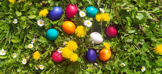 Closeup of colorful eggs in beautiful spring meadow on easter holiday outdoors in green...