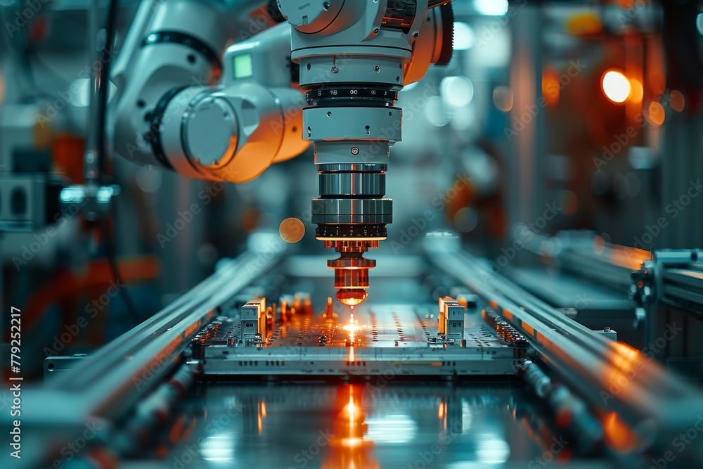 Poster high precision industrial robotic arm performing intricate welding tasks on an assembly line in a mo