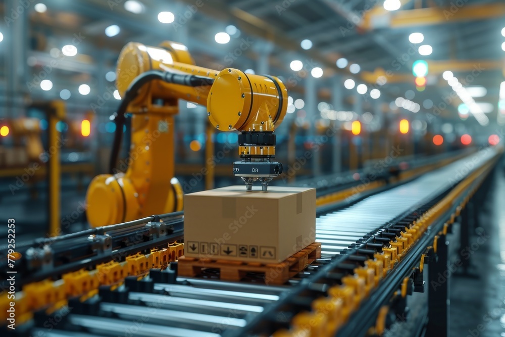Poster an automated robotic arm strategically placing a cardboard box on a conveyor belt in a logistics cen