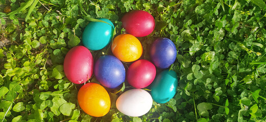Closeup of colorful eggs in beautiful spring meadow on easter holiday outdoors in green...