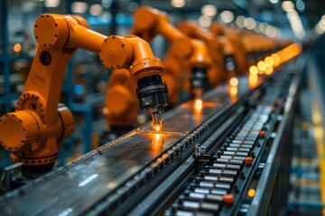 A row of robotic arms working on a factory production line with focus on their coordinated movements for efficiency