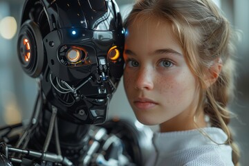 Fototapeta premium A young girl with freckles stands serenely beside a sophisticated black robot, showcasing a bond between human and machine