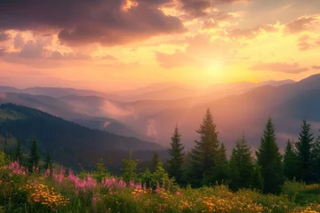 Gordijnen Mountains during sunset. Beautiful natural landscape in the summer time - generative ai © Nia™