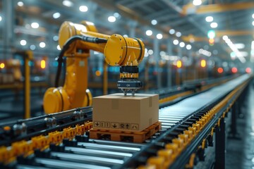 An automated robotic arm strategically placing a cardboard box on a conveyor belt in a logistics center