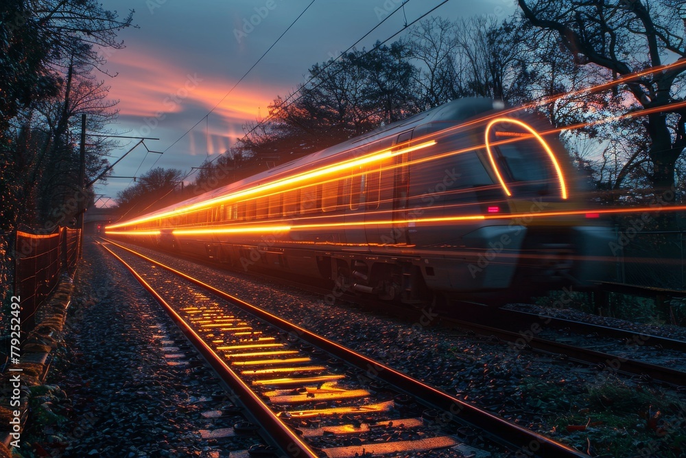 Poster a long exposure shot of a train with lights trailing on tracks during twilight, highlighting speed a