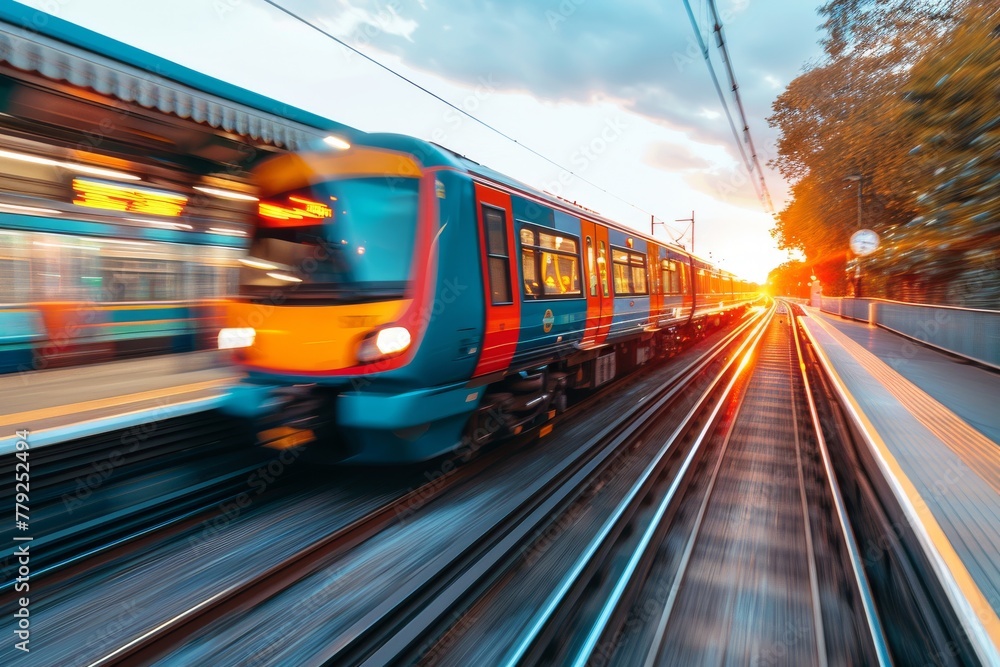 Poster dynamic image capturing a modern train speeding through an urban setting at dusk with vivid colors a