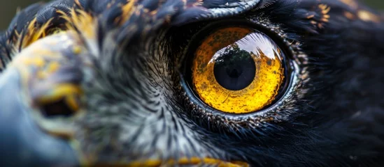 Foto op Canvas The impressive bird of prey is captured up close, showcasing its captivating yellow eye and sharp features © LukaszDesign