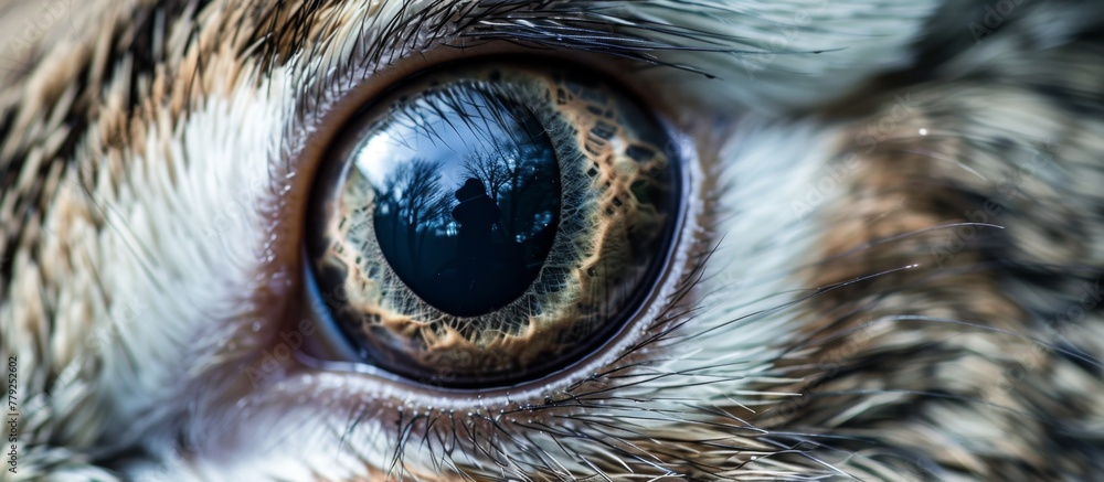 Poster close-up view of a cat's eye showing intricate details of the fur around the eye, emphasizing the un