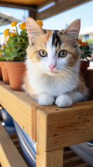 Calico Cat on Wooden Balcony

