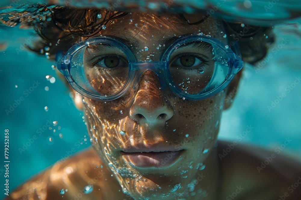 Poster intriguing abstract underwater view with an obscured figure and indistinct objects