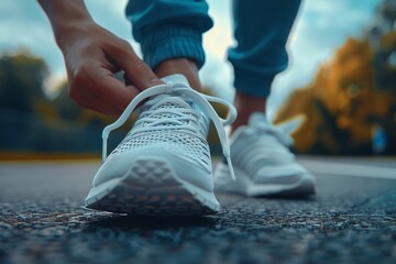 This image features a close-up shot of a person bending down to tie the laces of a white athletic shoe on a grey surface - obrazy, fototapety, plakaty