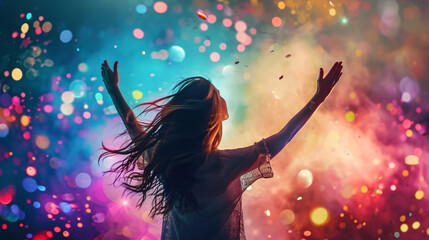 Ecstatic Woman in Colorful Light Celebration