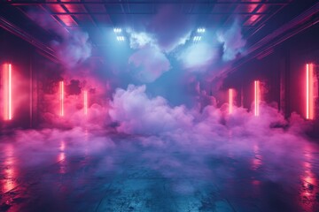 An entrancing scene of a room filled with mist and illuminated by blue and purple strip lights from above
