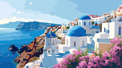 Highly Detailed Santorini Panorama Cliffside Houses Bathed in Sunlight