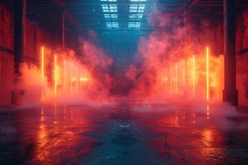 A large industrial hall bathed in a red neon glow amidst swirling smoke, creating a dramatic and intense atmosphere