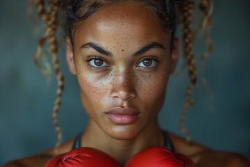 Focused female boxer with natural freckles and braids stands ready in a boxing stance in the gym