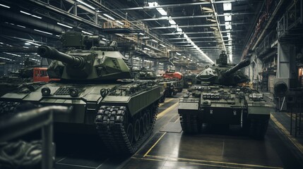 Fototapeta premium Modern high tech factory producing military tank vehicles in a production line