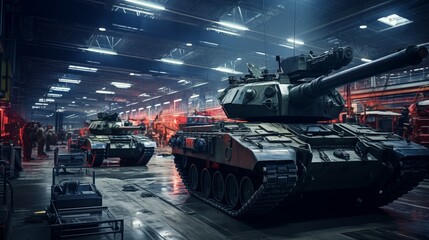 Modern high tech factory producing military tank vehicles in a production line