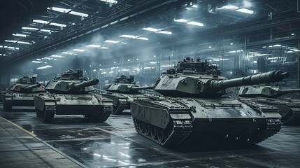Modern high tech factory producing military tank vehicles in a production line
