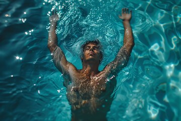 An overhead shot of a man swimming in a crystal-clear pool, with the sun casting glimmers and ripples in the water - obrazy, fototapety, plakaty