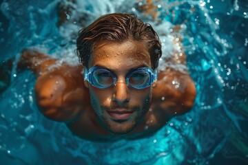 Fototapeta premium A man with clear blue goggles focused while swimming in a crystal clear pool