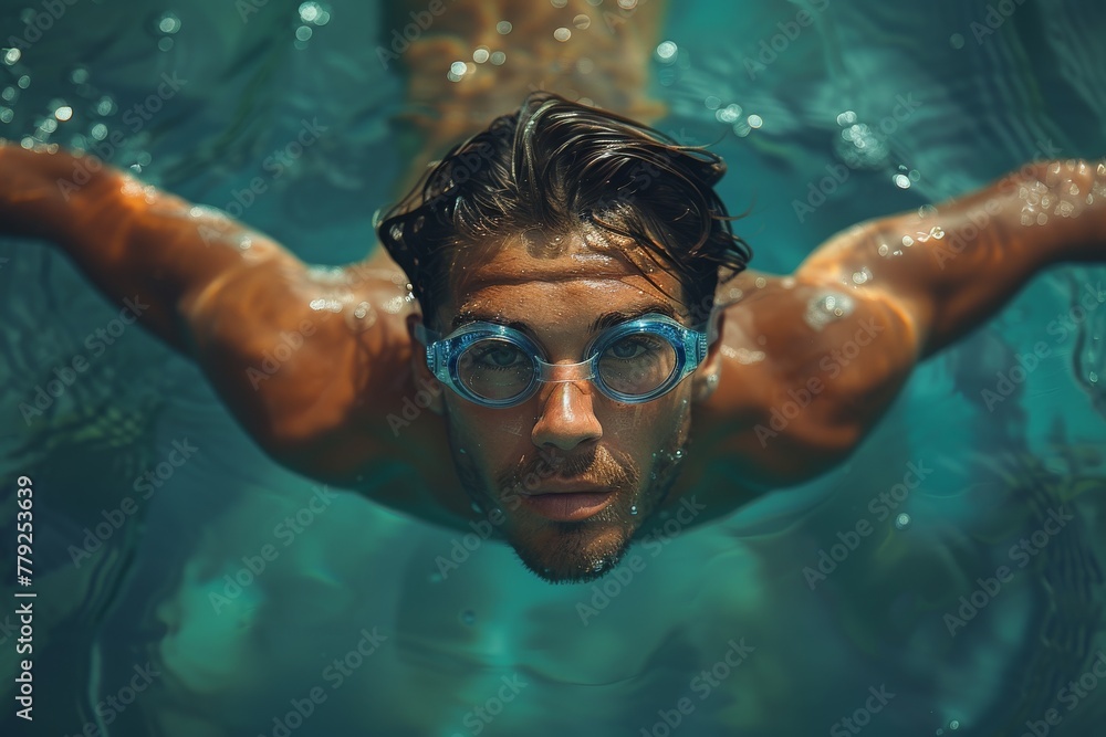 Poster a man diving with stretched arms in a pool with sun rays filtering through water