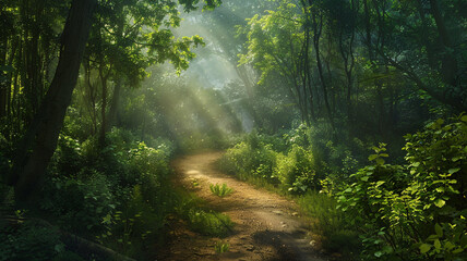 A winding hiking trail leading through a dense forest, with sunlight filtering through the canopy overhead.