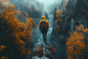 A hiker stands at the edge gazing into a fog-enshrouded forest during autumn Captures the spirit of adventure and solitude