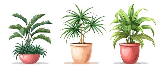 A trio of houseplants in flowerpots set on a white table, adding a touch of nature to the interior design. Includes terrestrial and woody plants