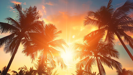 Fototapeta na wymiar A breathtaking view of the sun setting behind silhouetted palm trees against a radiant sky.