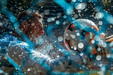 In an action-packed moment, a goalkeeper leaps to catch a soccer ball mid-air, against the backdrop of a bokeh-filled field